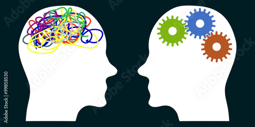 head profile silhouettes with gears and doodle brain