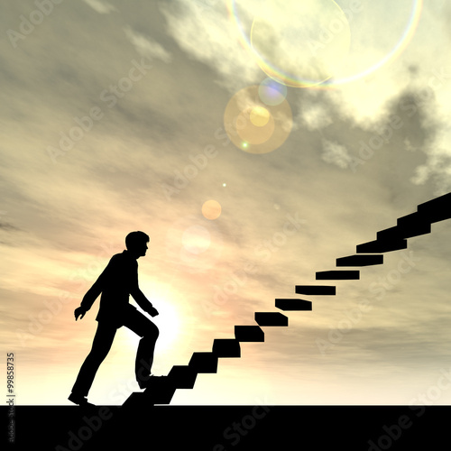 Conceptual business man climbing a stair at sunset