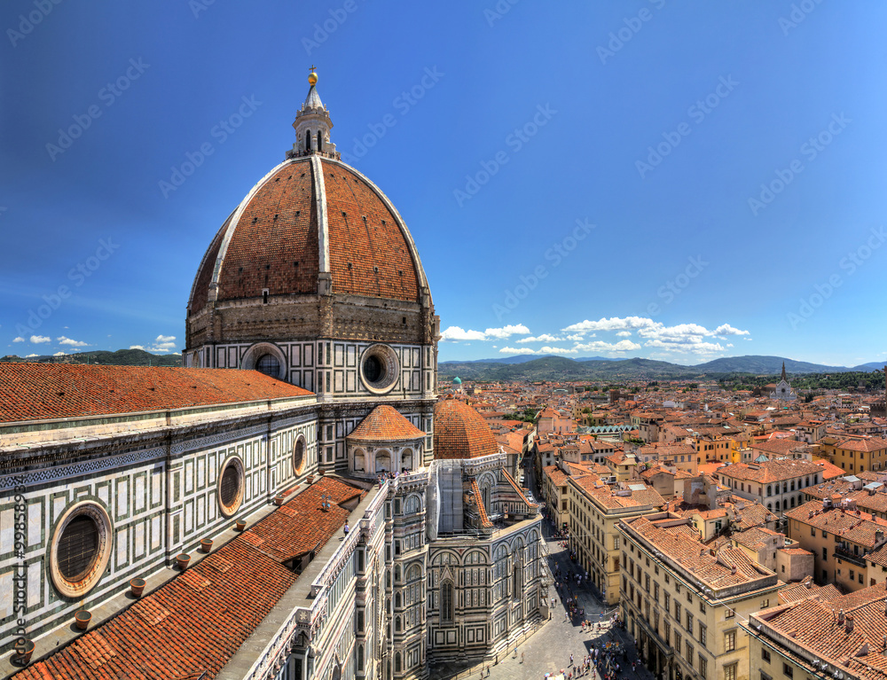 Wide angle HDR view on the Florence Cathedral from the Bell tower next to it, in Florence, Italy