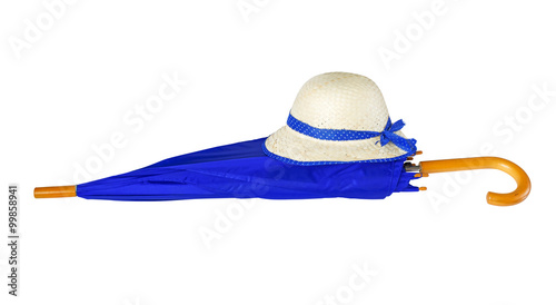 Umbrella and hat isolated on white background