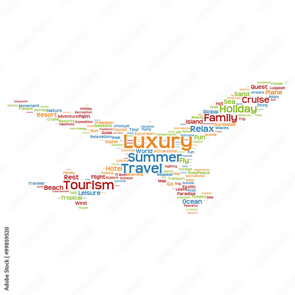 Obraz premium Conceptual colorful plane silhouette travel tourism text word cloud
