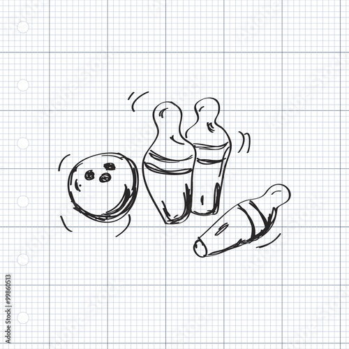 Simple doodle of a bowling ball and skittles