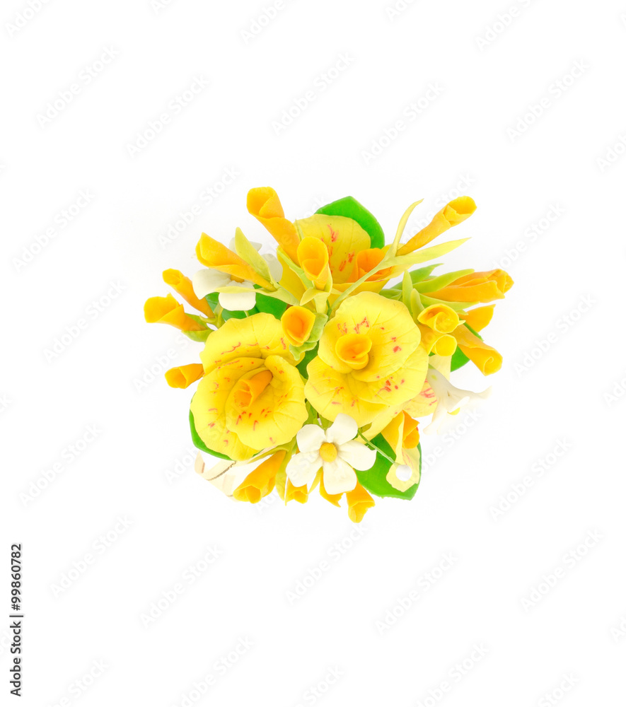 Top view white and yellow flowers in the wicker basket Top view white and yellow flowers in the wicker basket