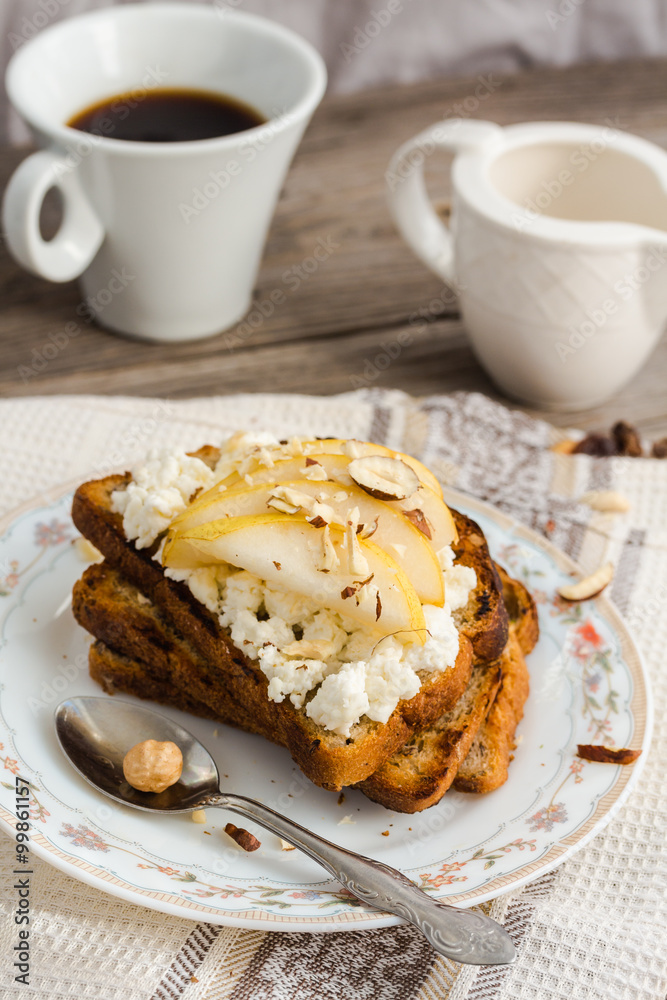 crisp toast for breakfast with sweet cream cheese and pear,coffe crisp toast for breakfast with sweet cream cheese and pear,coffe