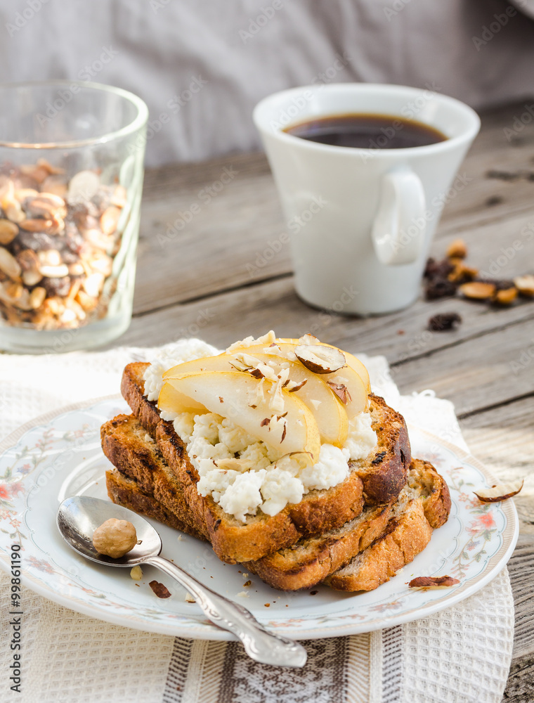 toast for breakfast with sweet cream cheese and pear,coffee, rus toast for breakfast with sweet cream cheese and pear,coffee, rus