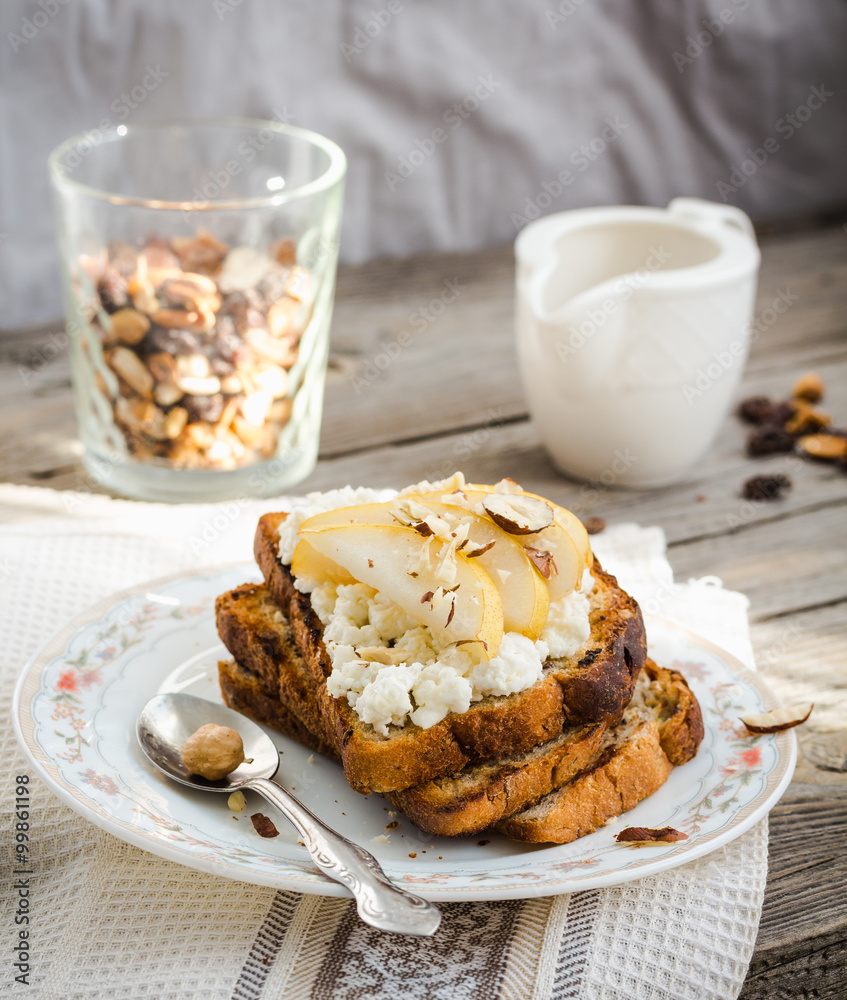 toast for breakfast with sweet cream cheese and pear,coffee, rus