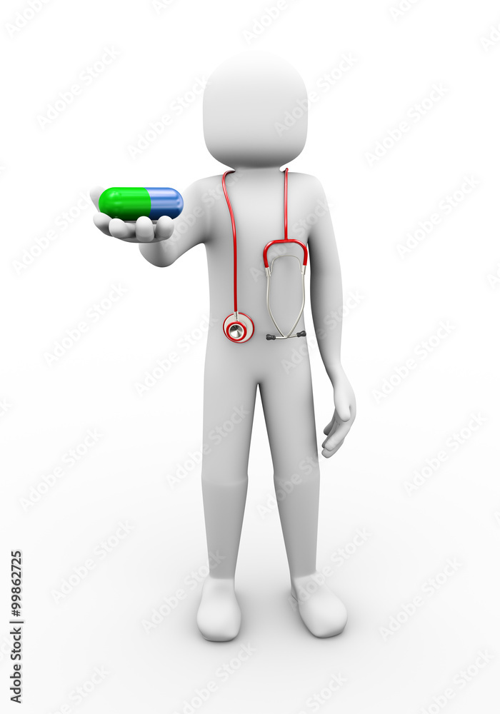 3d doctor with stethoscope offering pill illustration 3d doctor with stethoscope offering pill illustration