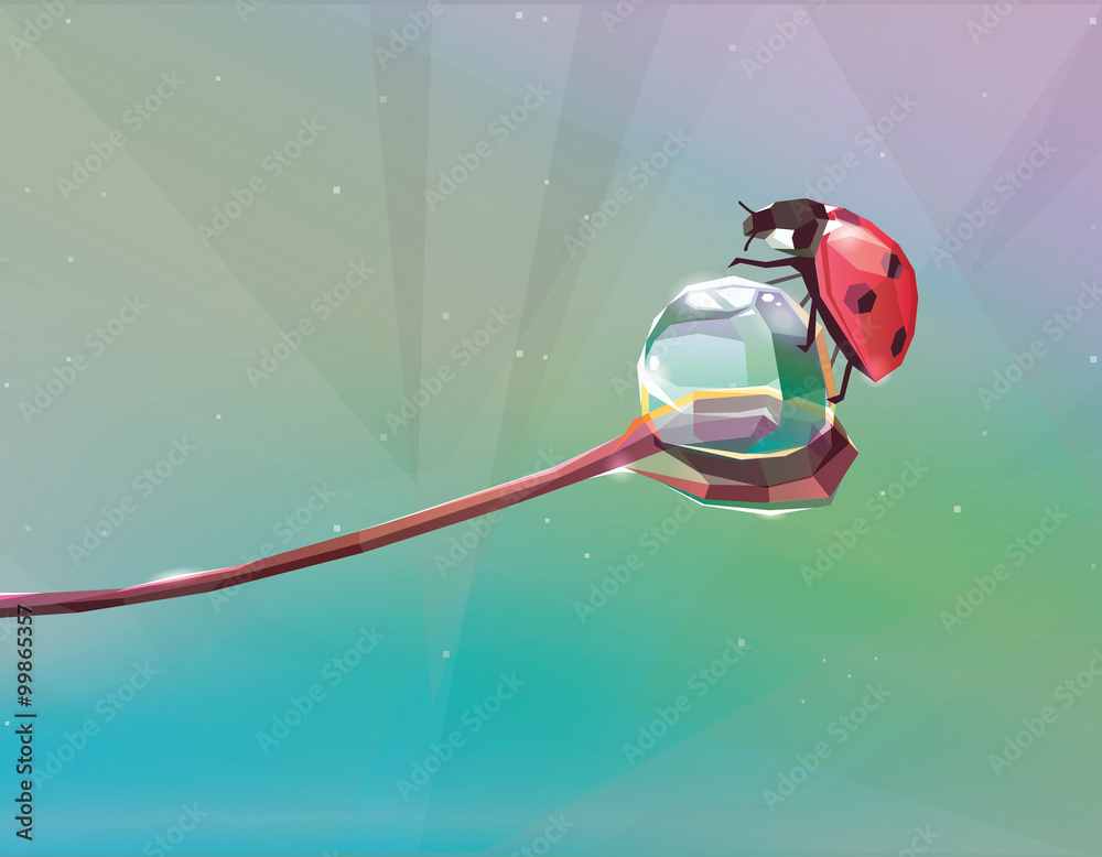 Obraz premium Red ladybug on a morning dew water drop vector illustration isolated on abstract soft colorful background