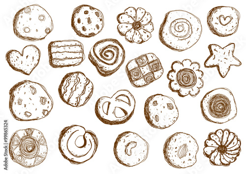 Set hand drawn cookies on white background