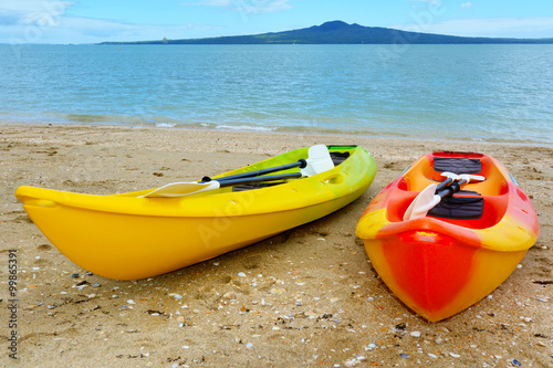Two kayaks against Rangitoto Island - New Zealand