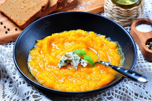 Pumpkin soup with blue cheese and olive oil