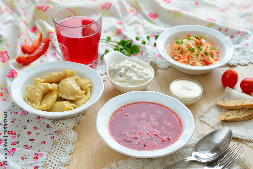 Borsch and vareniki. Traditional Ukrainian lunch. Borsch and vareniki. Traditional Ukrainian lunch.