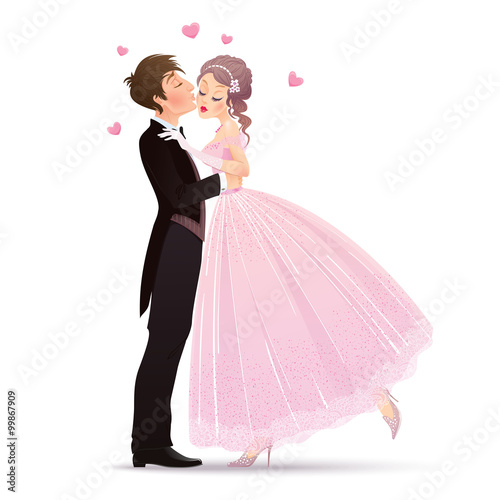 Vector illustration with a man in love kisses a young beautiful woman