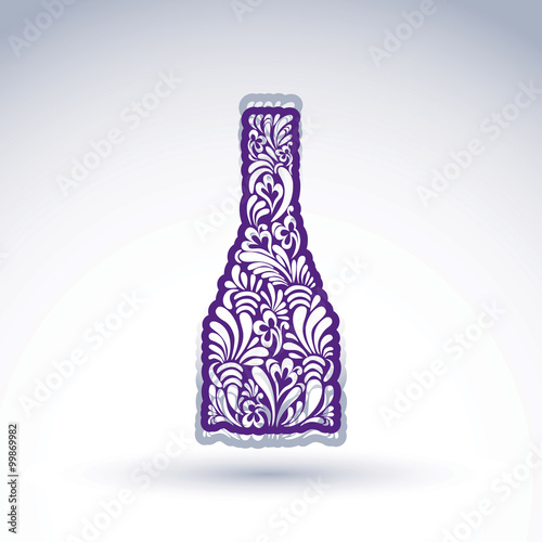 Stylized bottle decorated with ethnic flower pattern. Alcohol idea