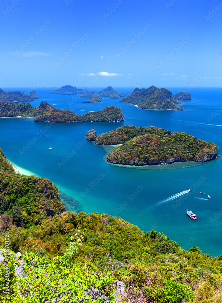 Vertical panorama green islands in sea near Phuket, Thailand