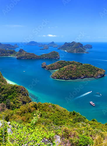 Vertical panorama green islands in sea near Phuket, Thailand