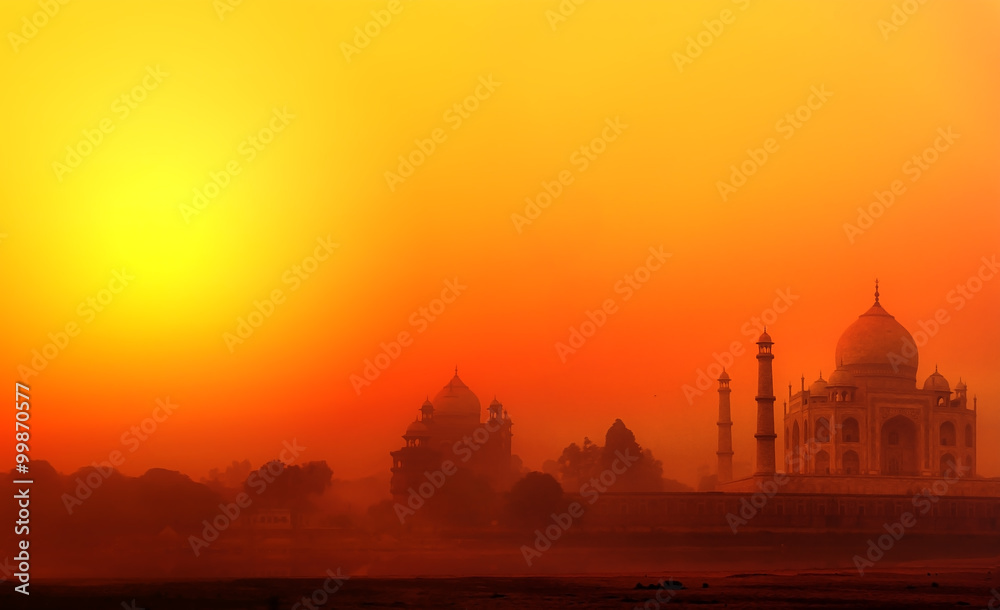 Sunset background of islamic architecture landmark Taj Mahal Palace in India