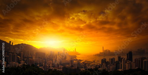 Dramatic sunset sky over Hong Kong panoramic view