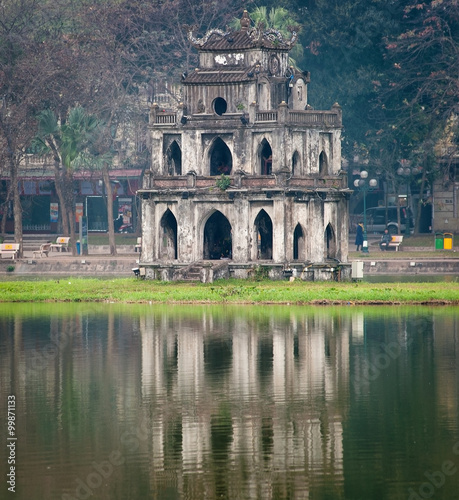 Hanoi landmark - Turtle tower in middle of lake
