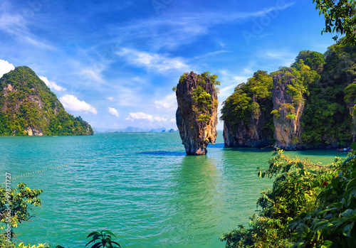 Exotic sea scape with tropical islands in Thailand near Phuket island. James Bond tourist trip