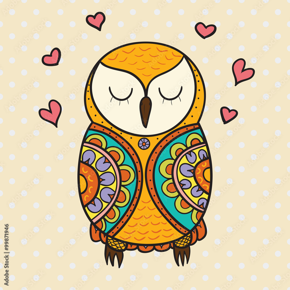 Fototapeta premium Color cute decorative ornamental Owl fall in love, vector doodle