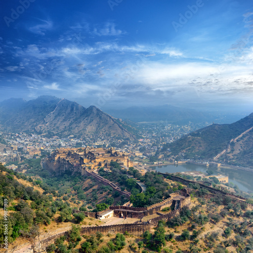India Jaipur Amber fort in Rajasthan. Ancient indian palace architecture panorama