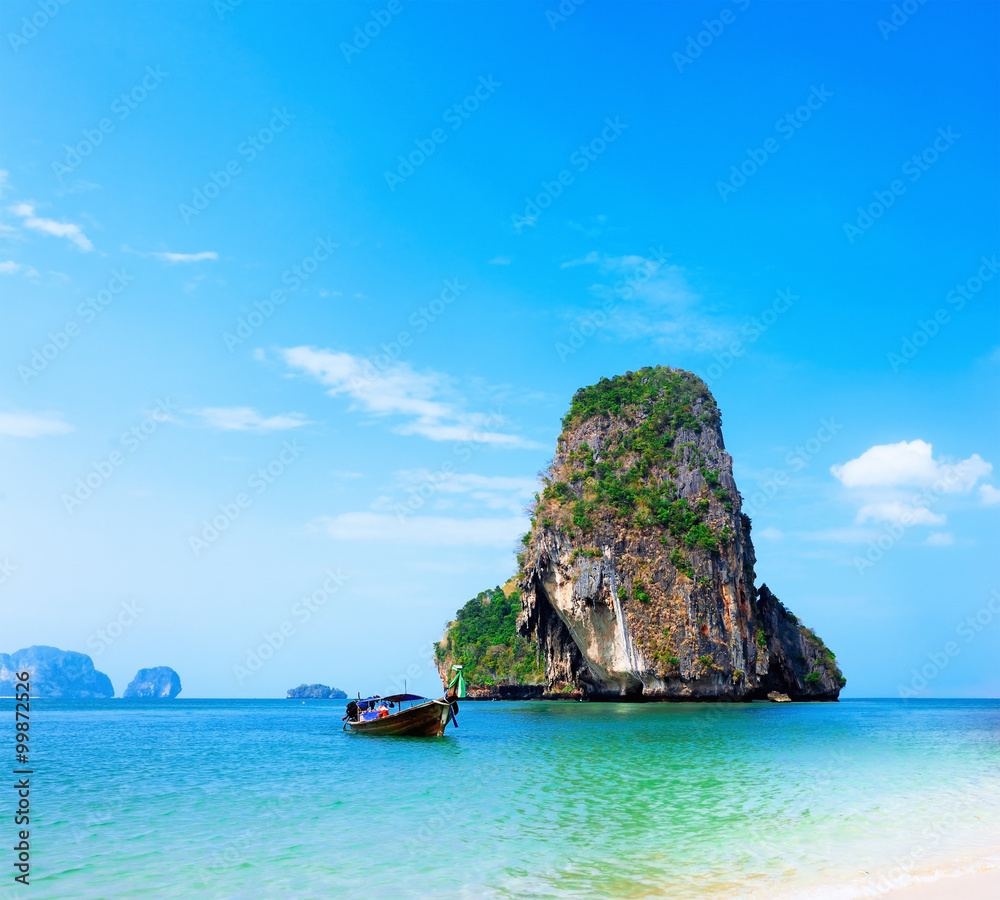 Thailand ocean beach. Thai journey scenery landscape  with wooden boat