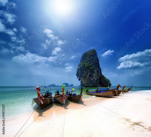 Thailand beach on tropical island. Beautiful travel background of Asia coast