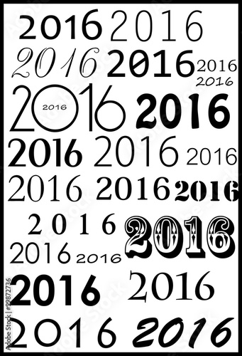 много цифр 2016 написанных разным шрифтом на белом фоне