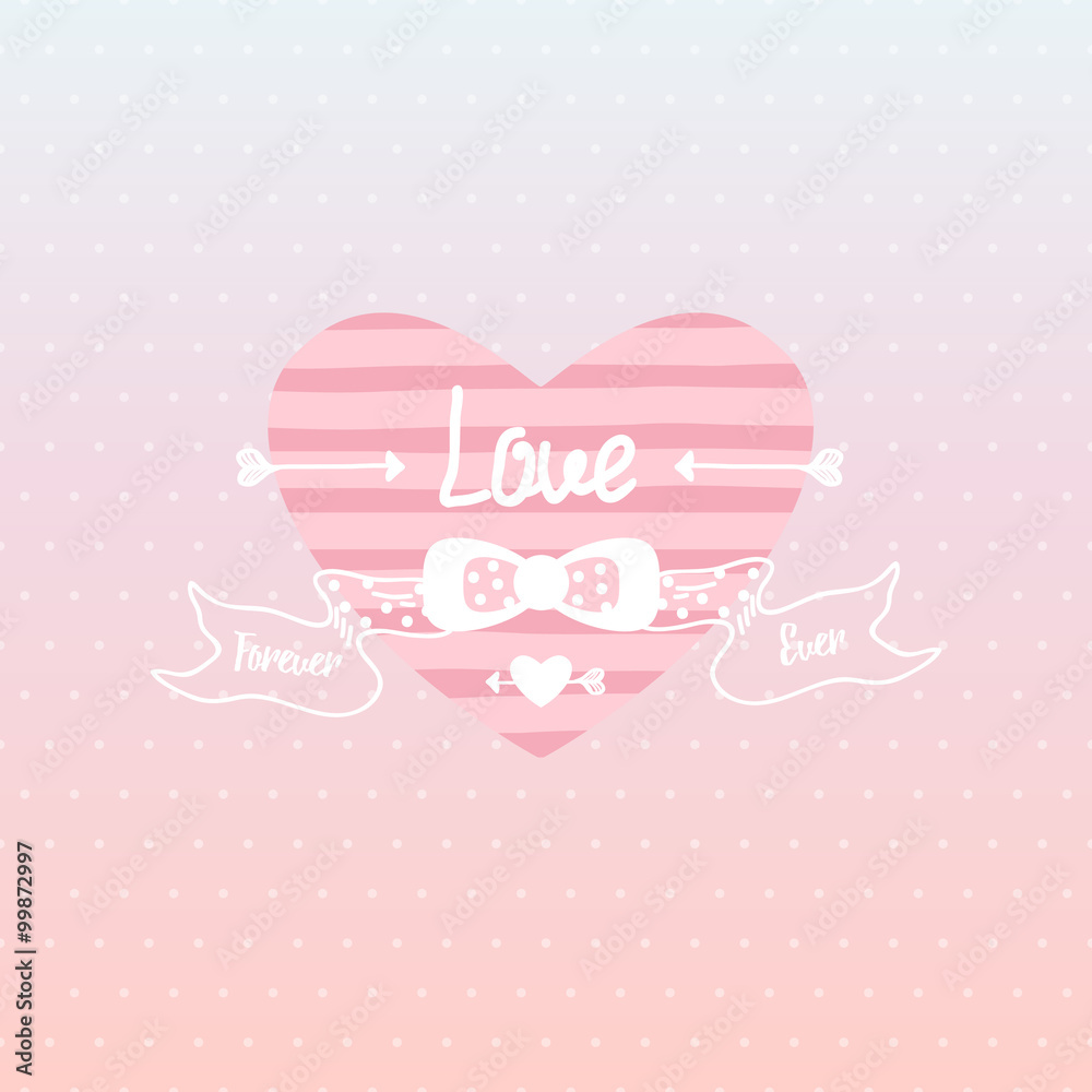 love  hand-drawn letter and  heart isolated on pink polka dots gradient background. Valentine's day greeting card, vector
