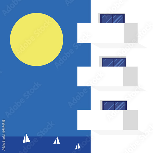 Vector illustration of modern hotel apartments with balconies and windows in front of a backdrop of blue sea and sky under a burning sun