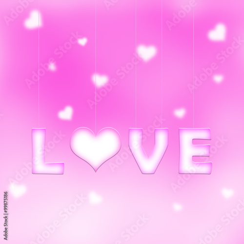 Lovely white pink love word letters with heart symbol hang on thin ropes on blurred pink bokeh background with blurred hearts. Conceptual valentine day copy space illustration.
