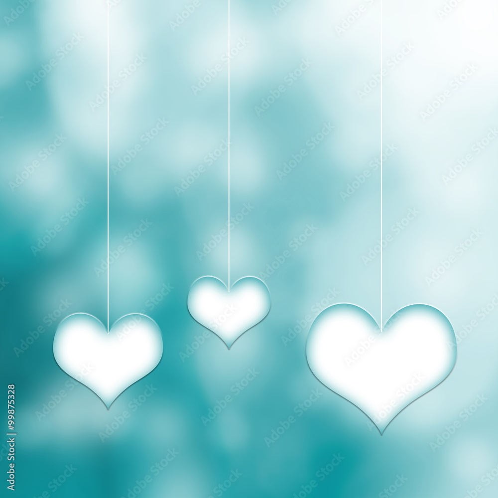 Lovely three white cyan hearts hang on thin white rope on blurred cyan bokeh background. Conceptual valentine day copy space illustration. Lovely three white cyan hearts hang on thin white rope on blurred cyan bokeh background. Conceptual valentine day copy space illustration.