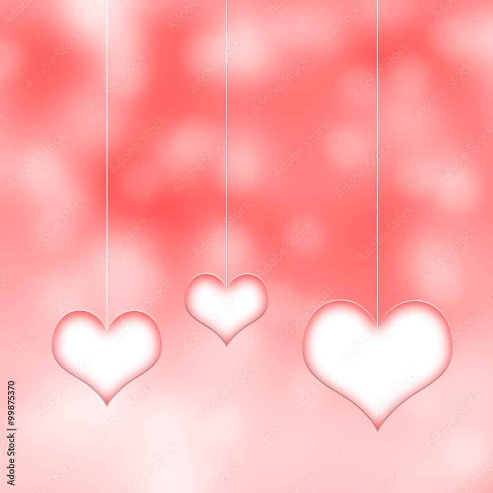 Lovely three white red hearts hang on thin white rope on blurred red bokeh background. Conceptual valentine day copy space illustration.