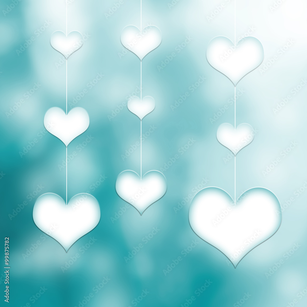 Lovely many white cyan hearts hang on three thin white ropes on blurred cyan bokeh background. Conceptual valentine day copy space illustration.