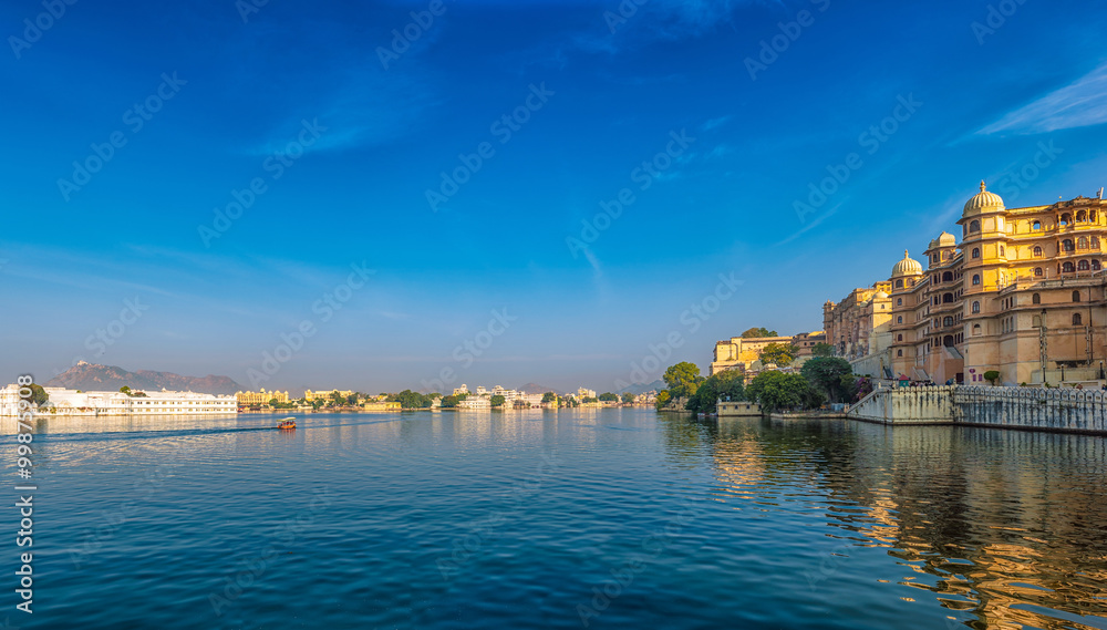 Waterfront city view of Udaipur in India from tourist boat