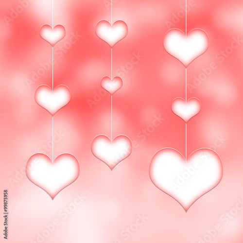 Lovely many white red hearts hang on three thin white ropes on blurred red bokeh background. Conceptual valentine day copy space illustration.