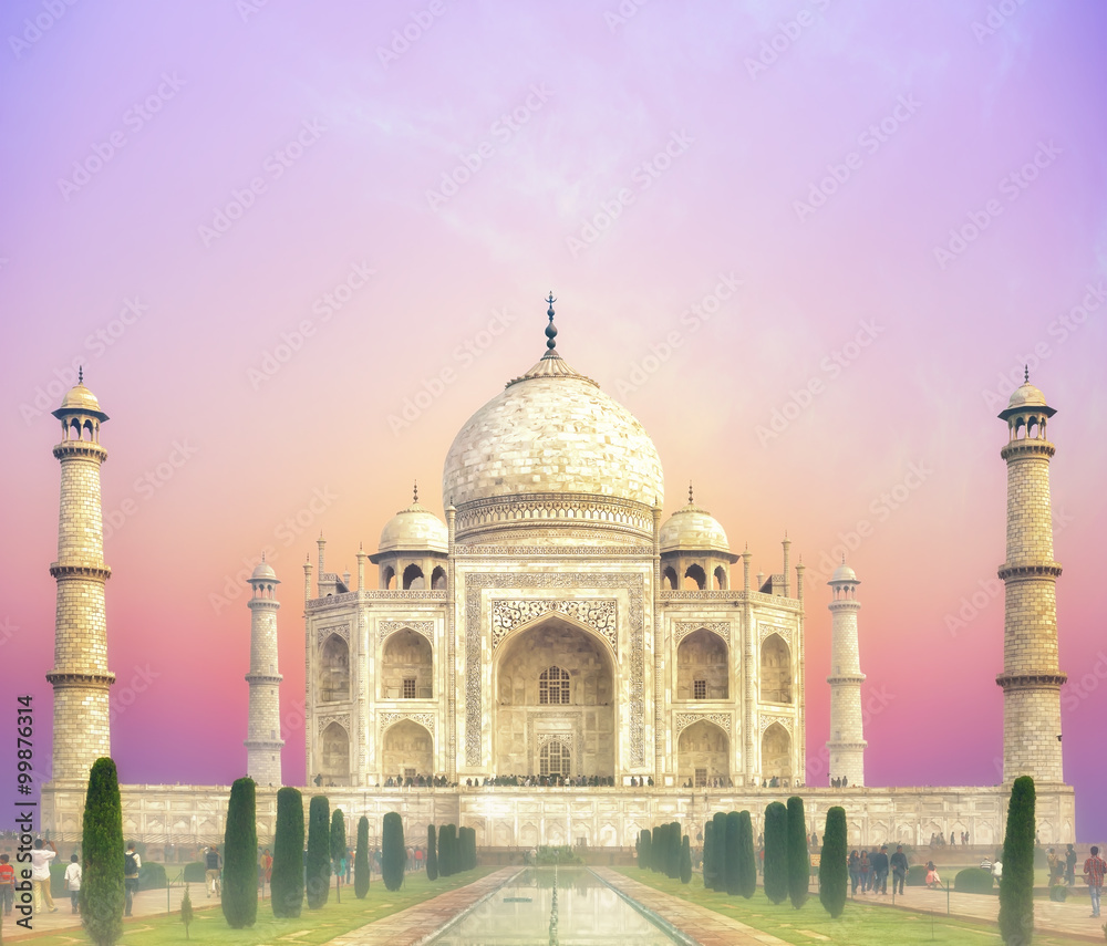 Beautiful sunset over Taj Mahal palace in India, Agra