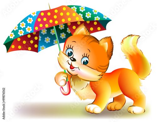 Little kitten holding umbrella, vector cartoon image.