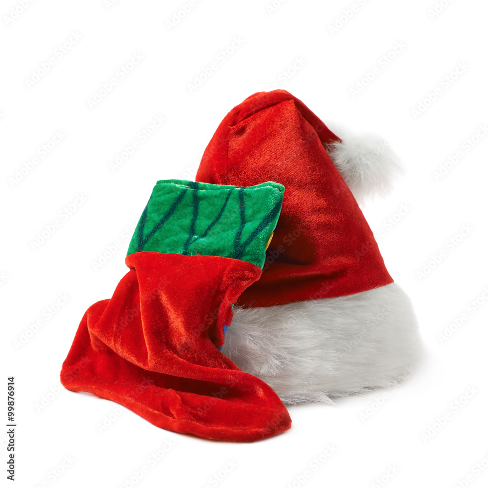 Santa's hat and Christmas stocking isolated Santa's hat and Christmas stocking isolated