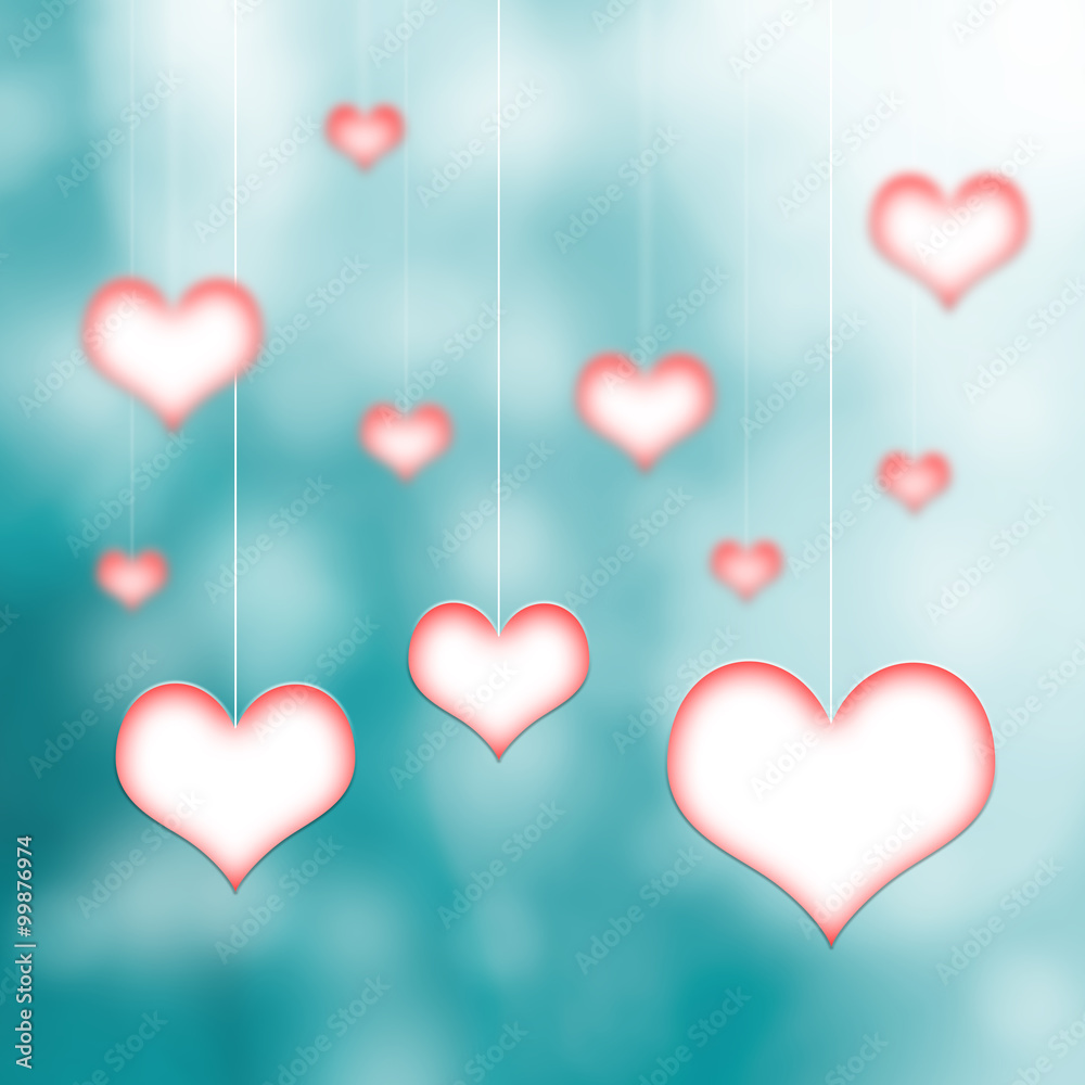 Lovely white red hearts hang on thin white ropes on blurred cyan bokeh background. Conceptual valentine day copy space illustration.