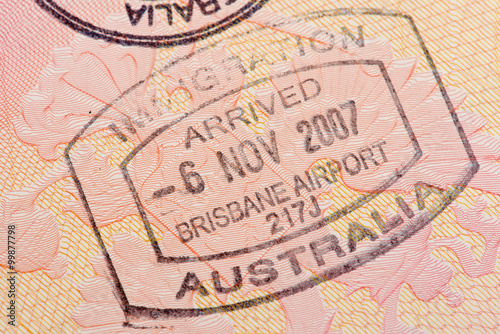 Passport page with the immigration control of Australia stamp.
