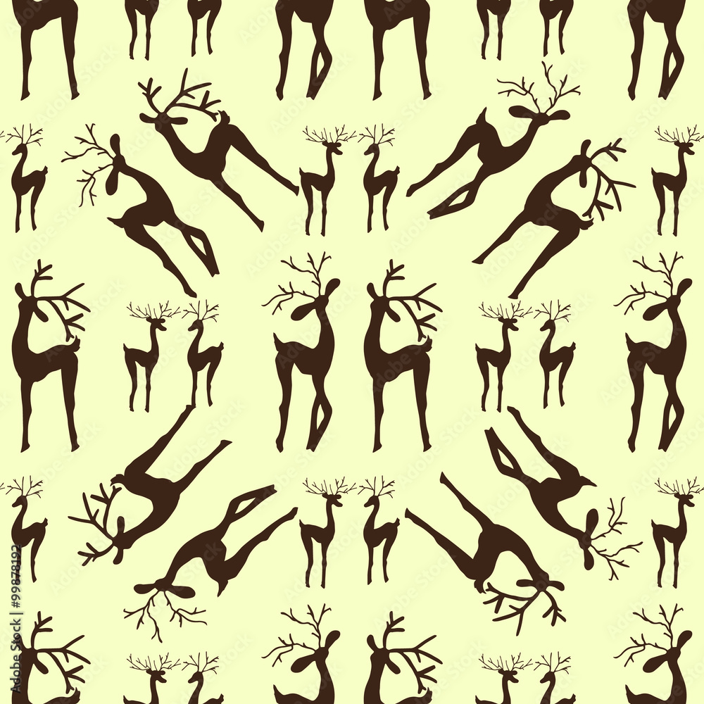 Hand-drawn illustrations. Greeting card with deer. Seamless pattern.