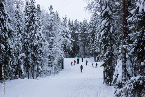 Scenic view of skiers on snowy ski course  with forest in background