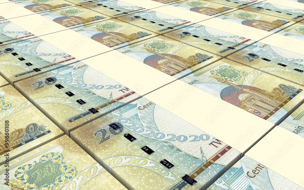 Bahraini dinar bills stacks background. Computer generated 3D photo rendering.