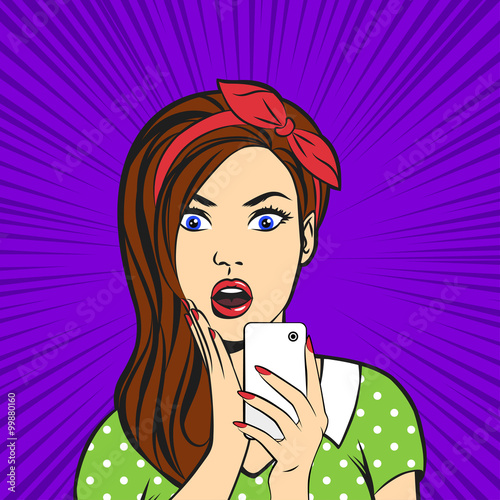 Vector pop art surprised woman face with open mouth holding a ph