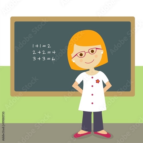 Profesora de matemáticas y una pizarra. Ilustración infantil