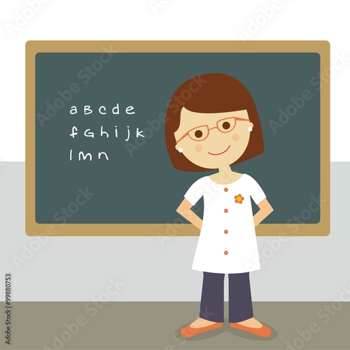 Profesora de lenguaje y una pizarra. Ilustración infantil