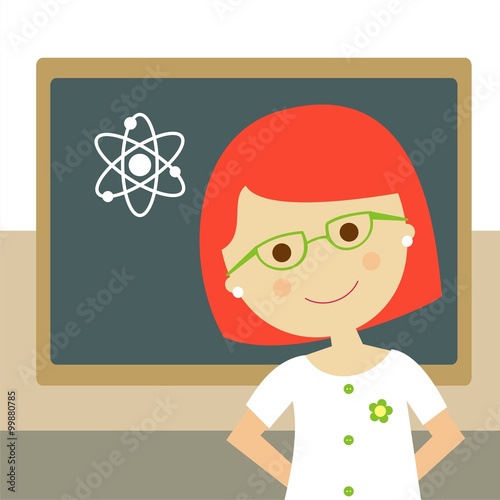 Profesora de ciencias en primer plano. Ilustración infantil