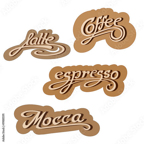 Original hand drawn illustration text: latte, mocca, espresso, coffee. Vector.